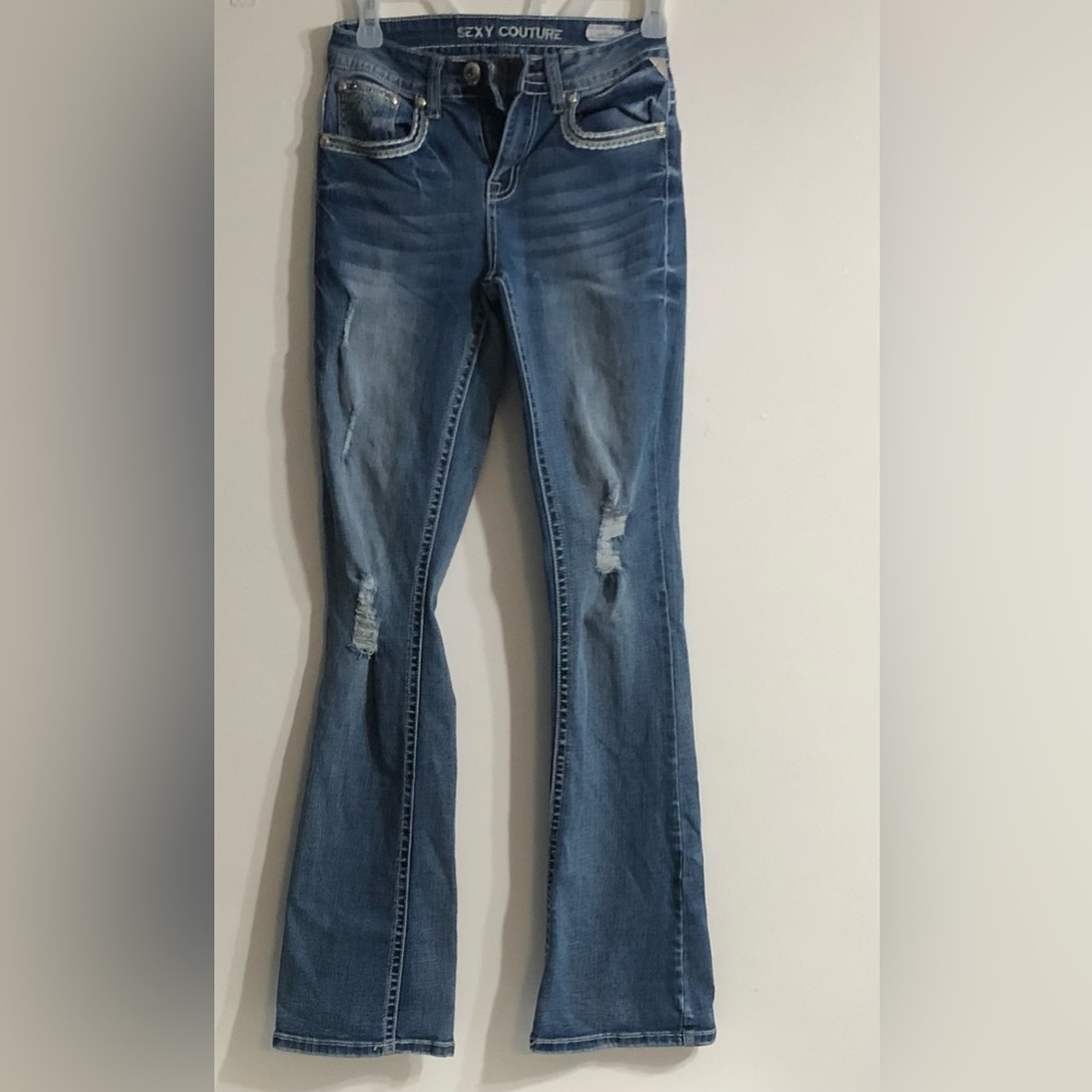 Sexy couture jeans five pockets fit boot distressed middle rise rhinestone.5